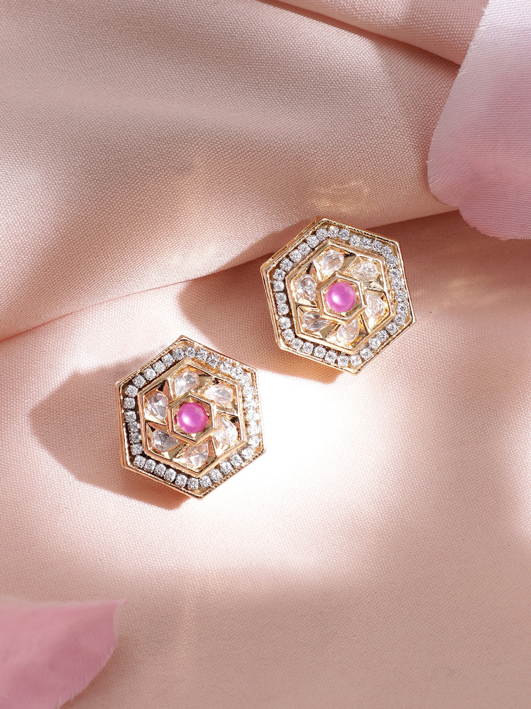 

Rubans 18K Gold Plated Pink & White Kundan and Cubic Zicronia Studded Earrings