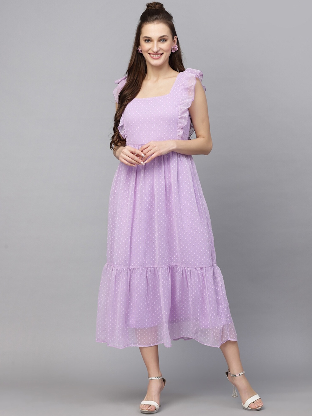 

APNISHA Self Design Square Neck Flutter Sleeve Georgette Fit & Flare Dress, Purple