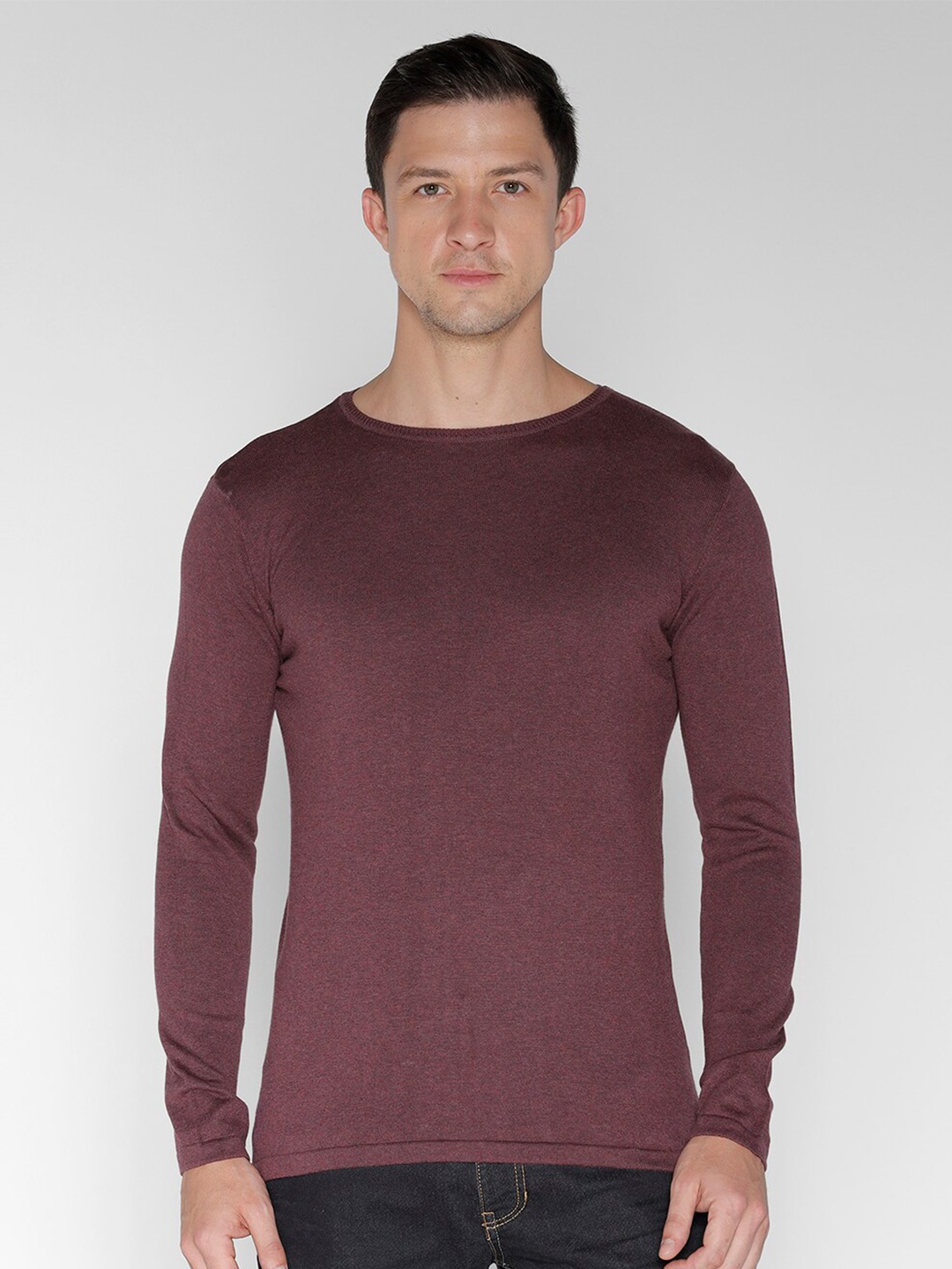 

IDENTITI Round Neck Long Sleeves Pure Cotton Pullover Sweaters, Burgundy