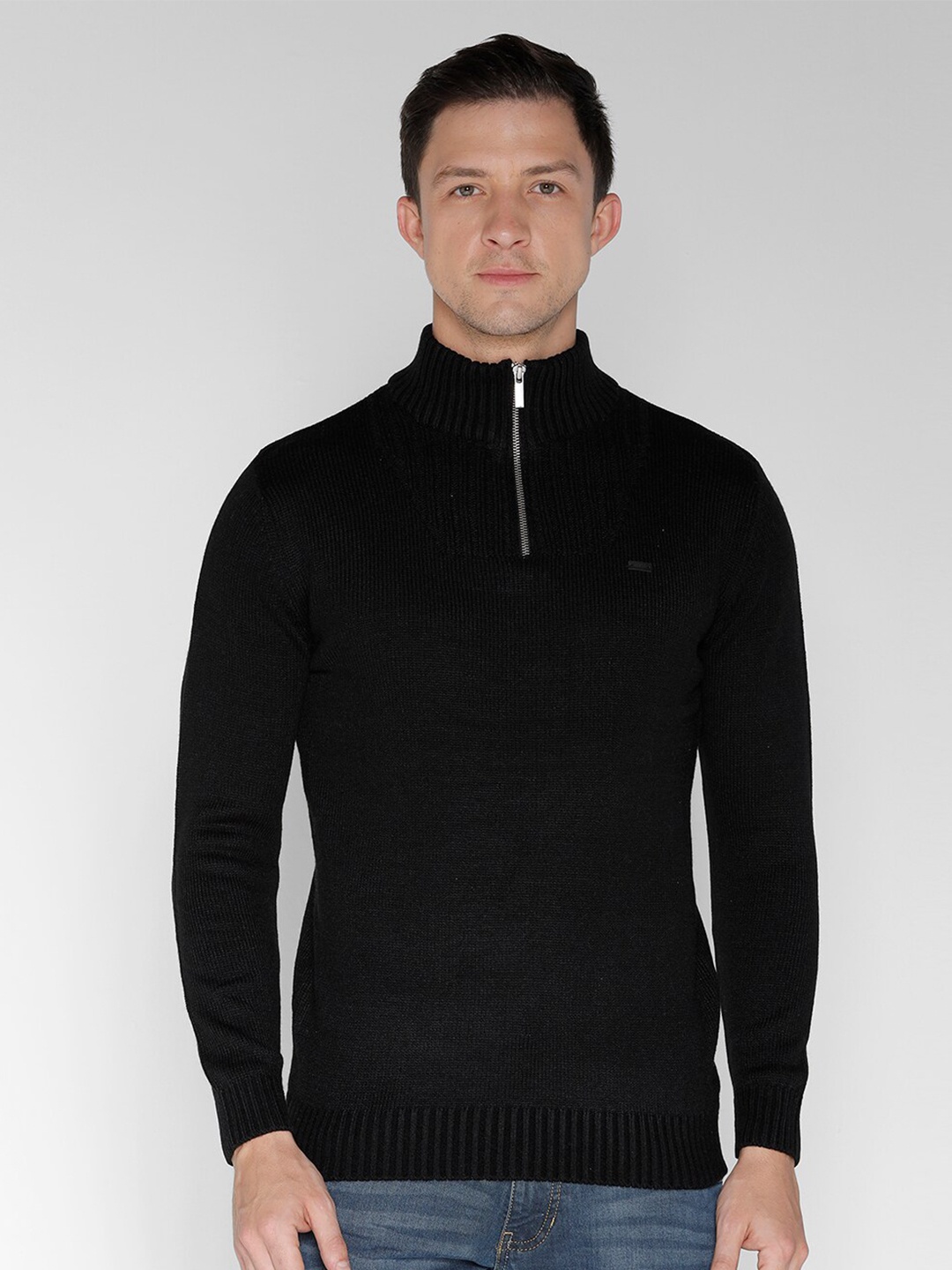 

IDENTITI Mock Collar Long Sleeves Pure Cotton Pullover Sweaters, Black