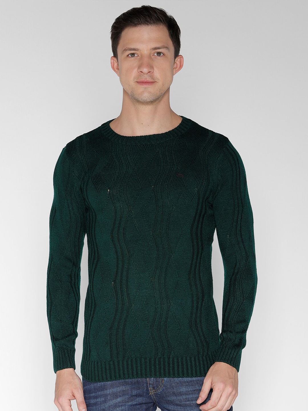 

IDENTITI Self Design Round Neck Long Sleeves Pure Cotton Pullover Sweaters, Green