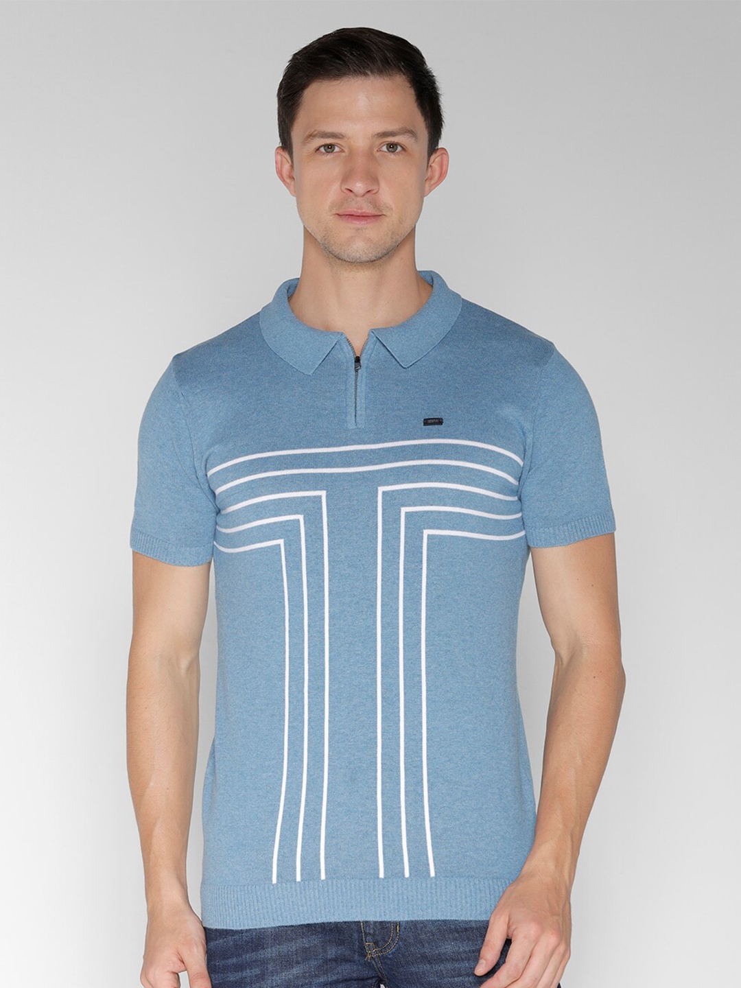 

IDENTITI Striped Shirt Collar Pure Cotton Pullover Sweaters, Blue