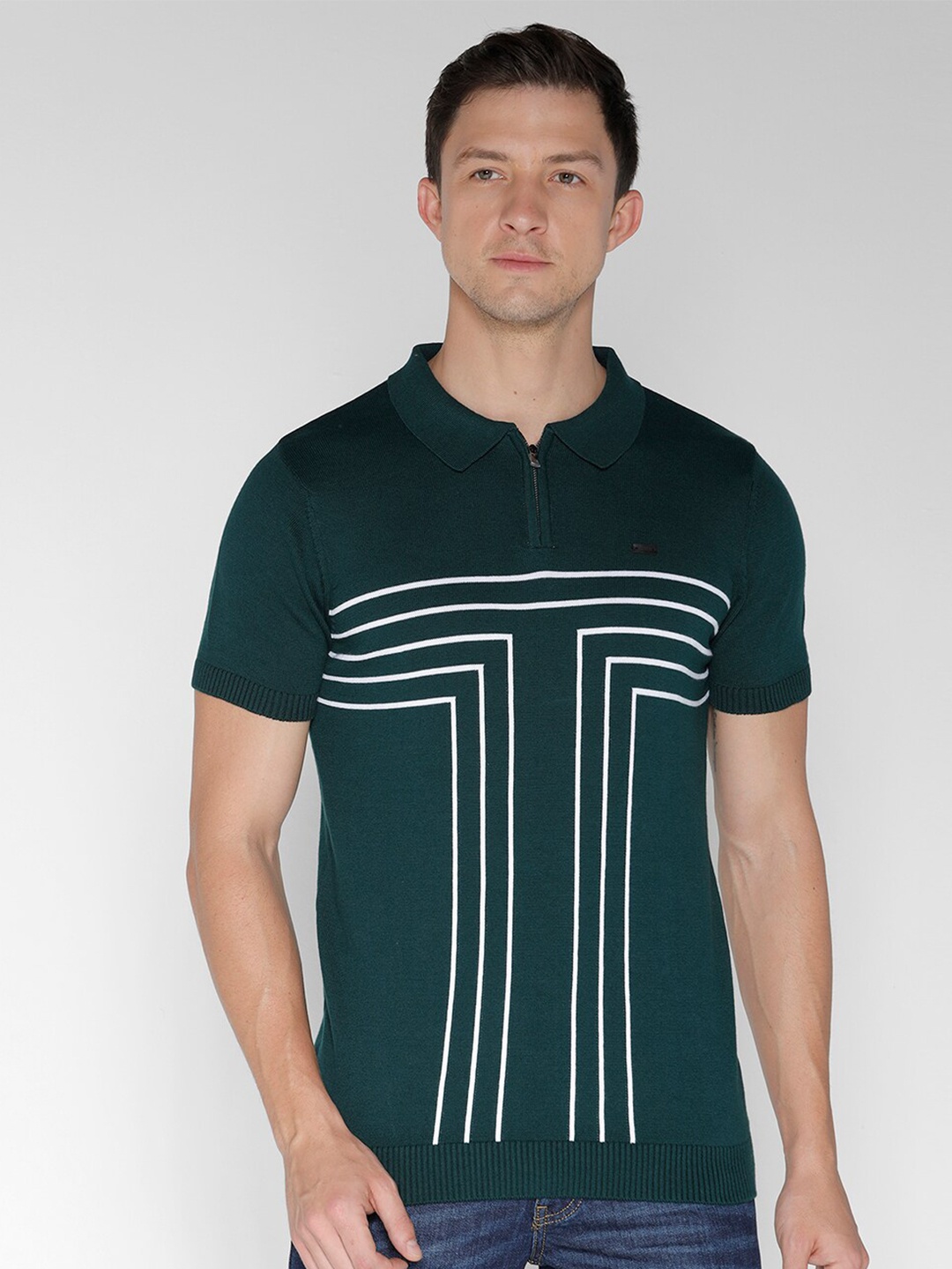 

IDENTITI Striped Shirt Collar Pure Cotton Pullover Sweaters, Green