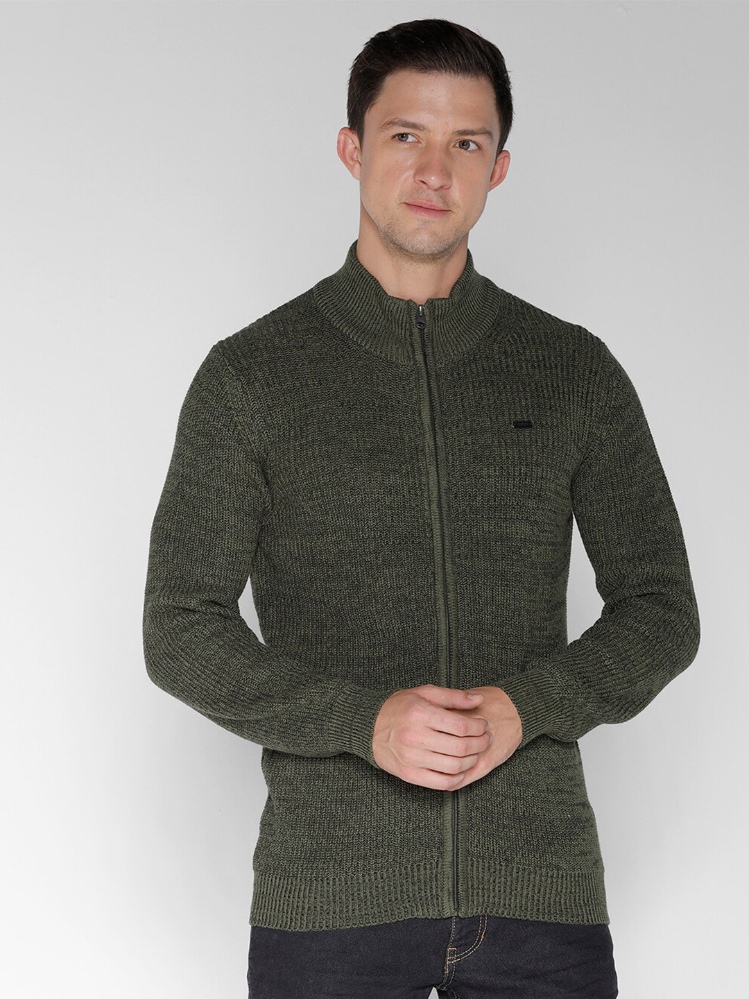 

IDENTITI Mock Neck Long Sleeve Pure Cotton Front-open Sweater, Green