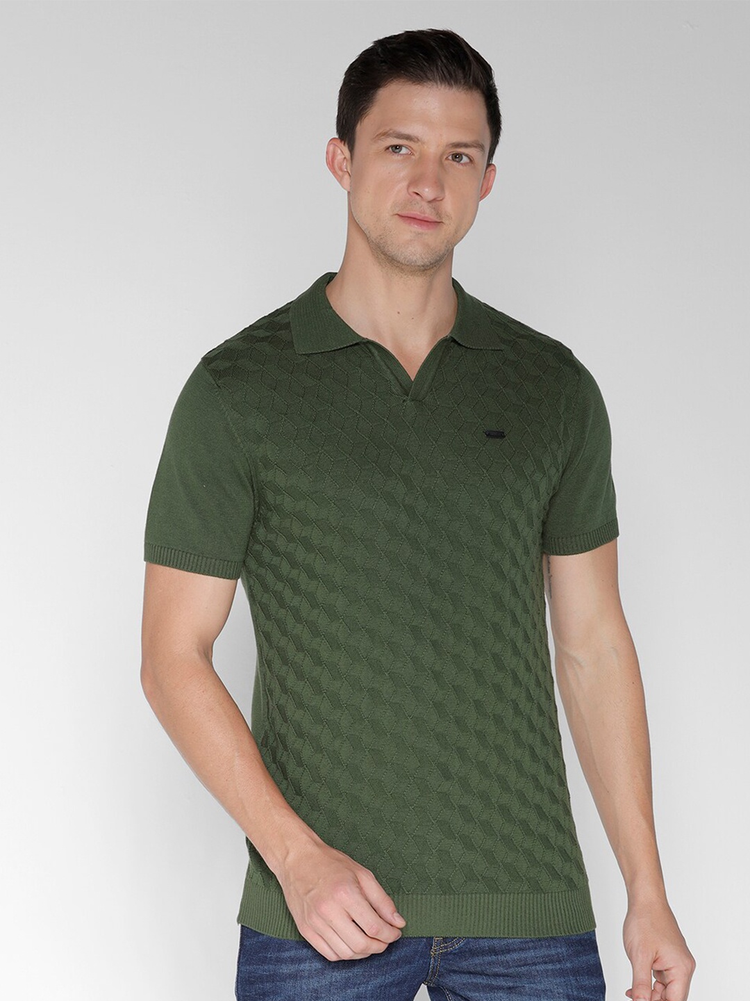 

IDENTITI Geometric Self Design Shirt Collar Pure Cotton Pullover Sweaters, Green