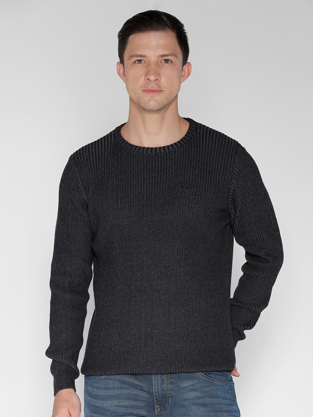

IDENTITI Ribbed Round Neck Long Sleeves Pure Cotton Pullover Sweaters, Black
