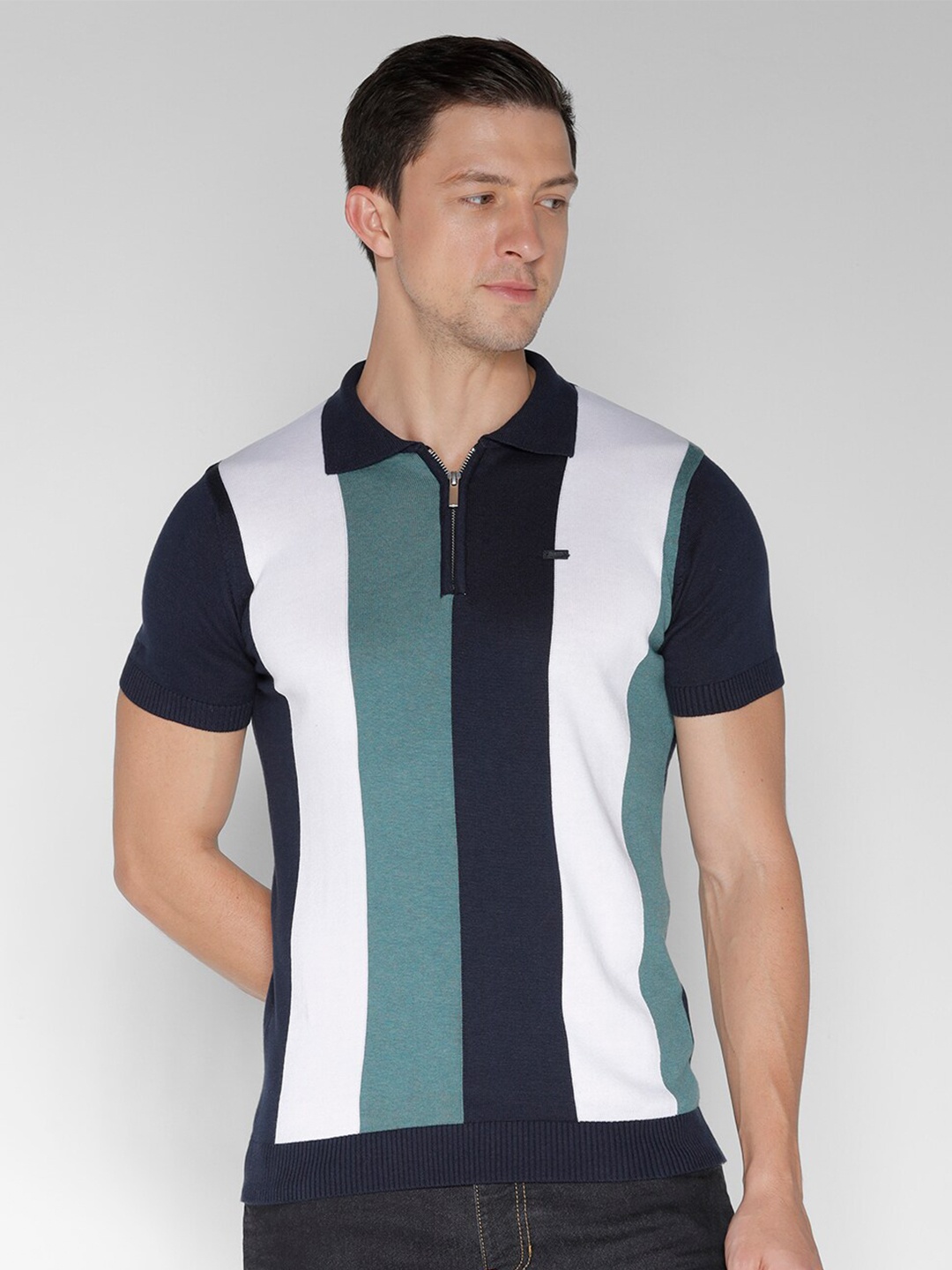 

IDENTITI Colourblocked Shirt Collar Pure Cotton Pullover Sweaters, Green