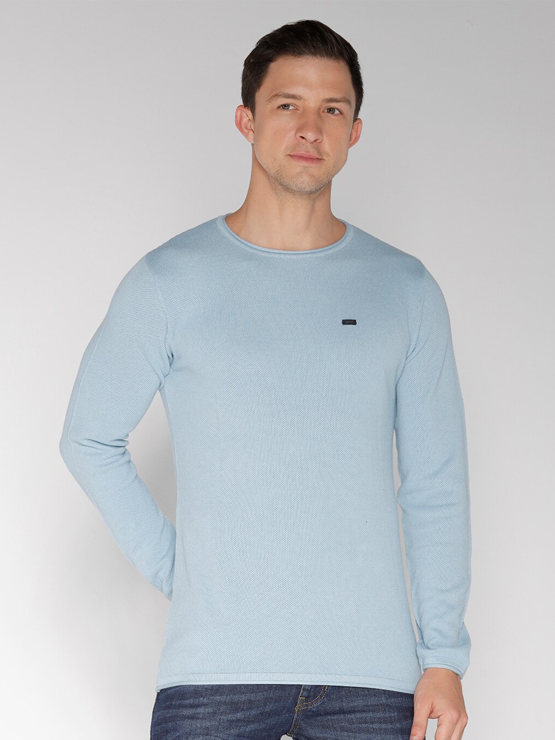 

IDENTITI Round Neck Long Sleeves Pure Cotton Pullover Sweaters, Blue