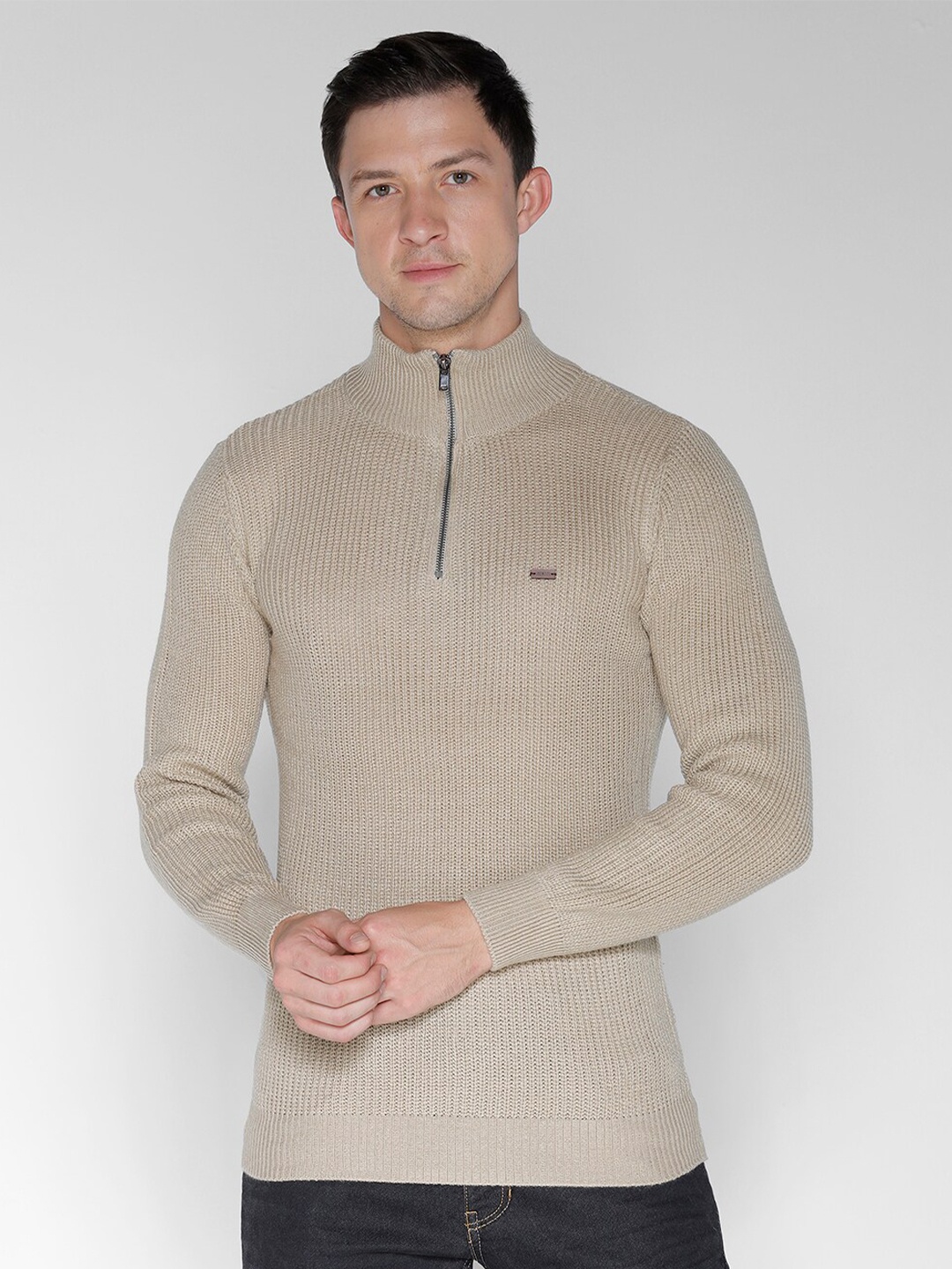 

IDENTITI Mock Collar Long Sleeves Pure Cotton Pullover Sweaters, Beige