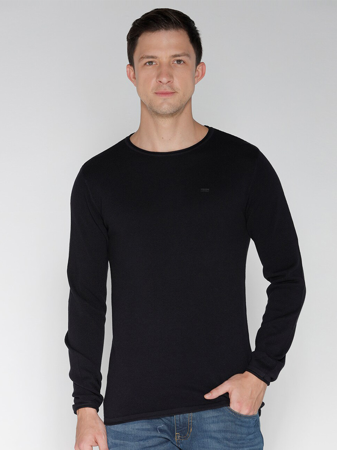 

IDENTITI Round Neck Long Sleeves Pure Cotton Pullover Sweaters, Black