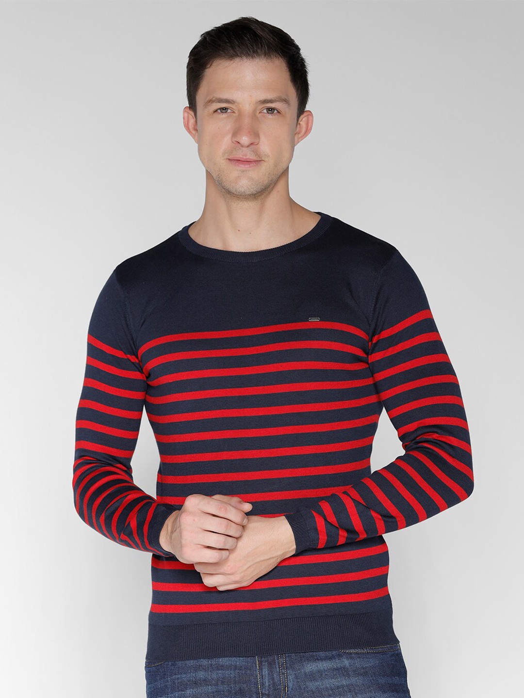 

IDENTITI Striped Long Sleeve Pure Cotton Pullover Sweaters, Navy blue