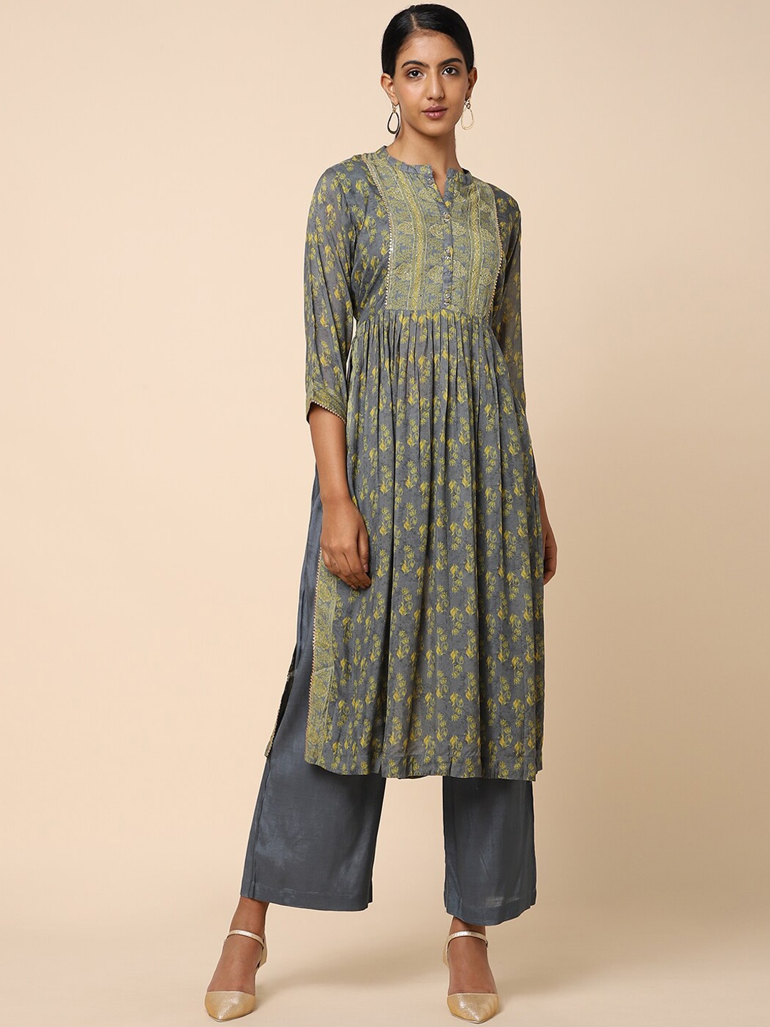 

House Of Dharaa Ethnic Motifs Printed Pleated Chanderi Silk Kurta with Palazzos, Grey