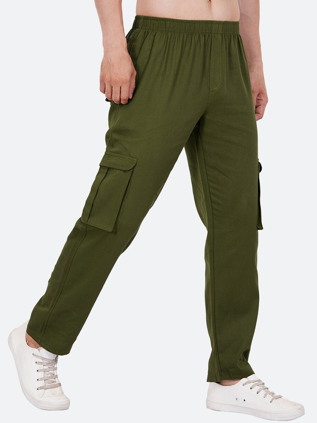 

Mad Over Print Men Relaxed Loose Fit Cotton Cargos, Olive