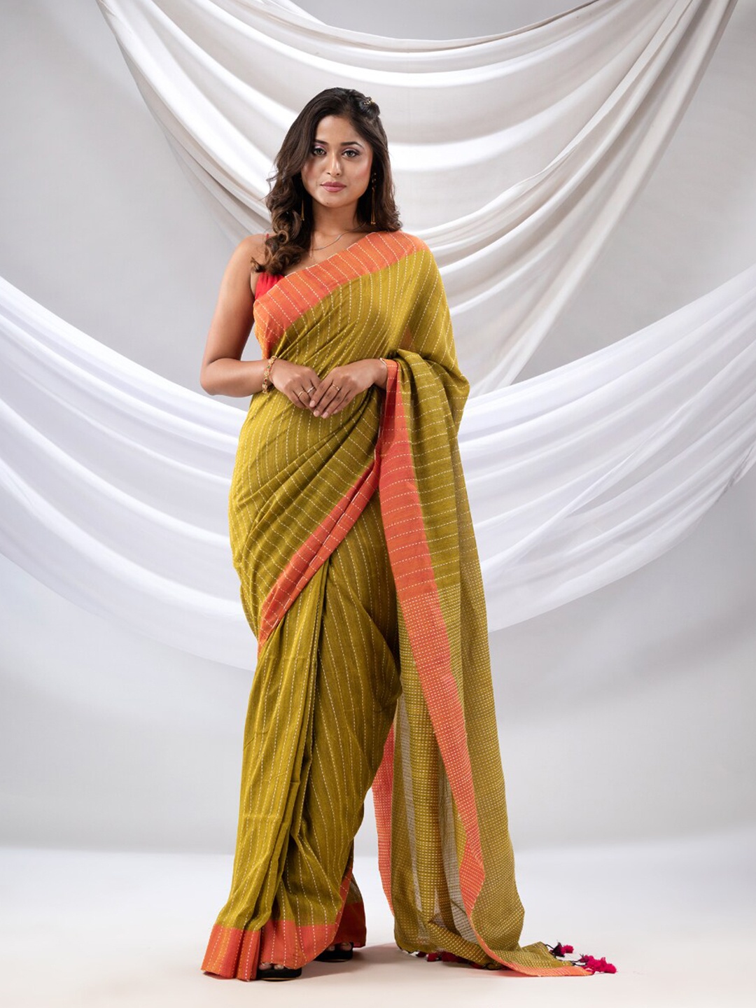 

Charukriti Striped Woven Design Pure Cotton Saree, Mustard