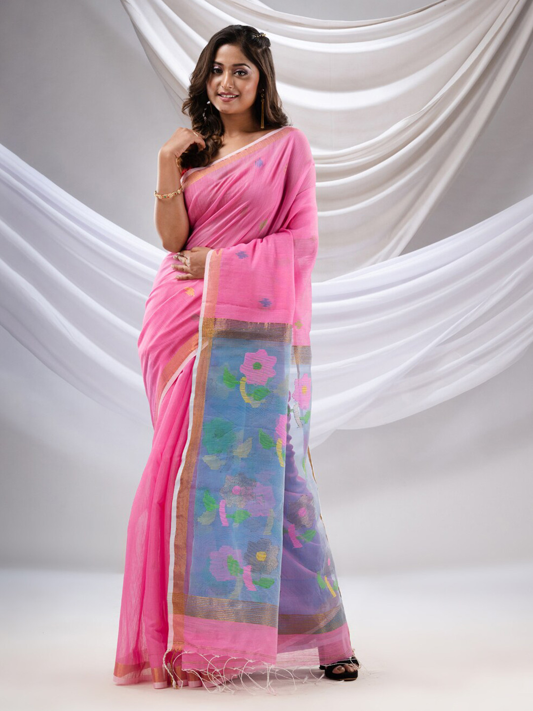 

Charukriti Ethnic Motifs Woven Design Zari Pure Cotton Saree, Pink