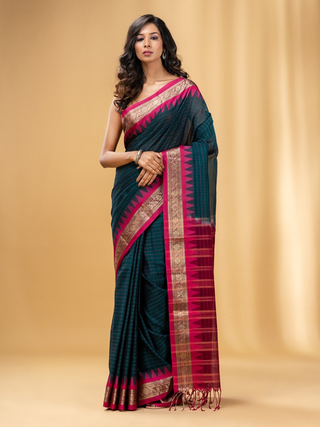 

Charukriti Checked Woven Design Zari Pure Cotton Saree, Teal