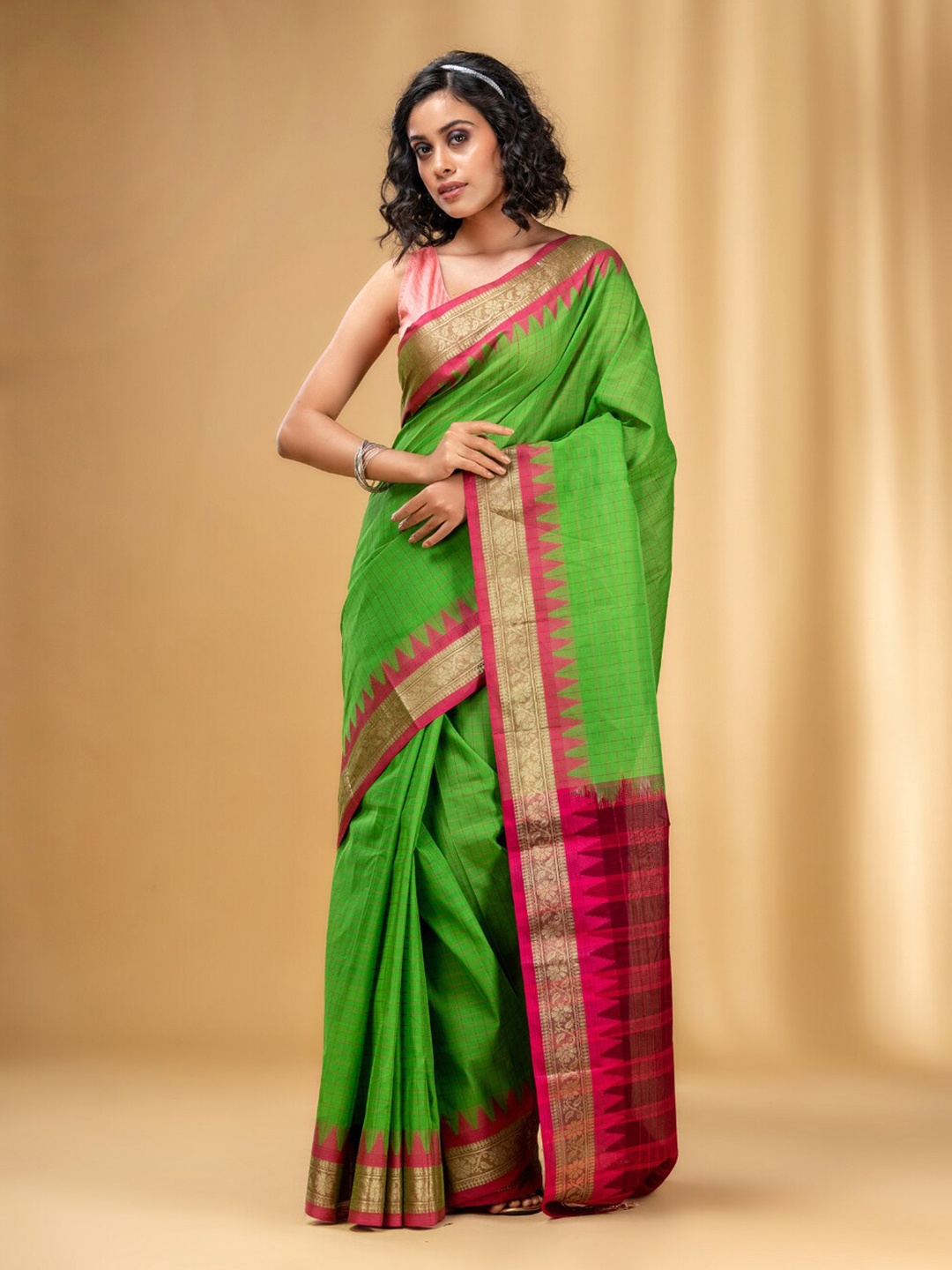 

Charukriti Checked Woven Design Zari Pure Cotton Saree, Green