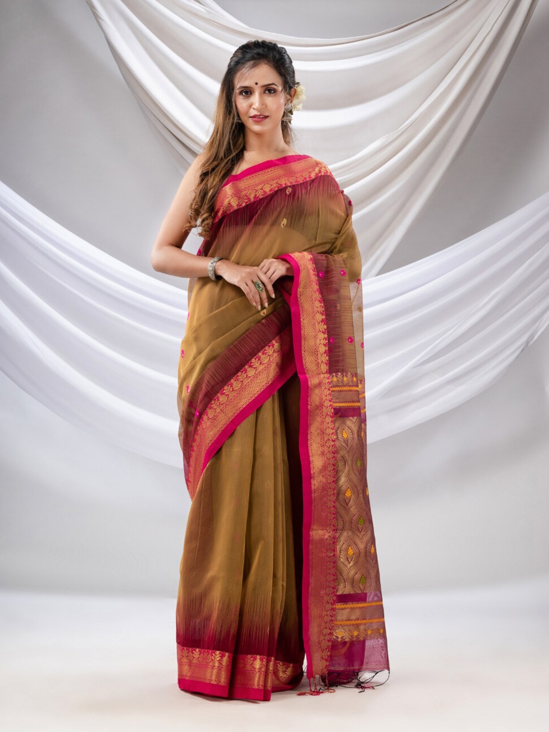 

Charukriti Ethnic Motifs Woven Design Zari Ikat Saree, Beige