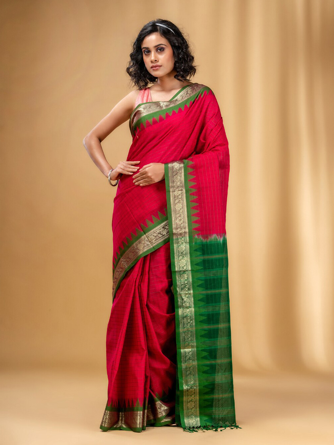 

Charukriti Checked Zari Pure Cotton Saree, Pink
