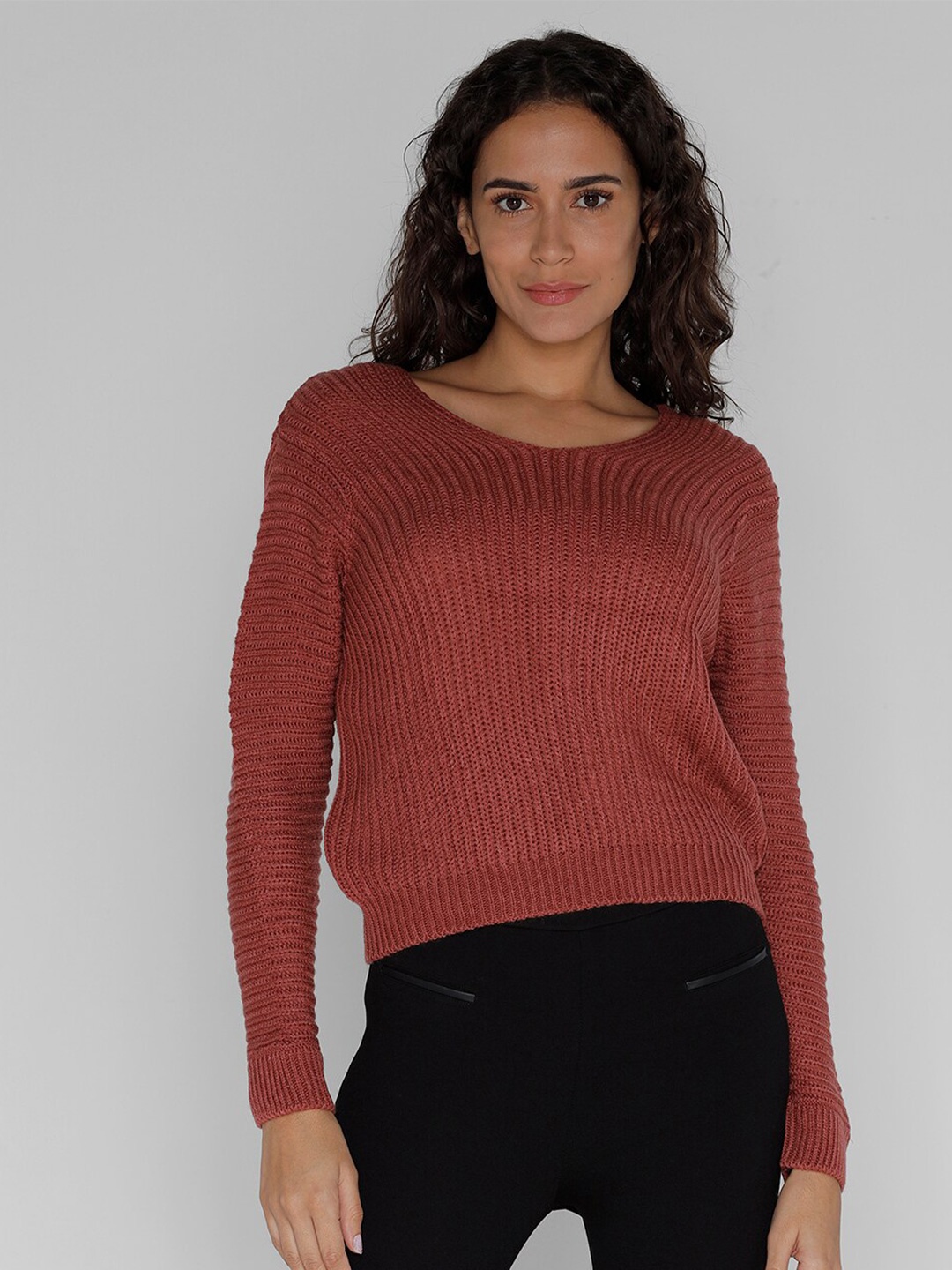 

IDENTITI Ribbed Round Neck Long Sleeves Pure Cotton Pullover Sweater, Orange