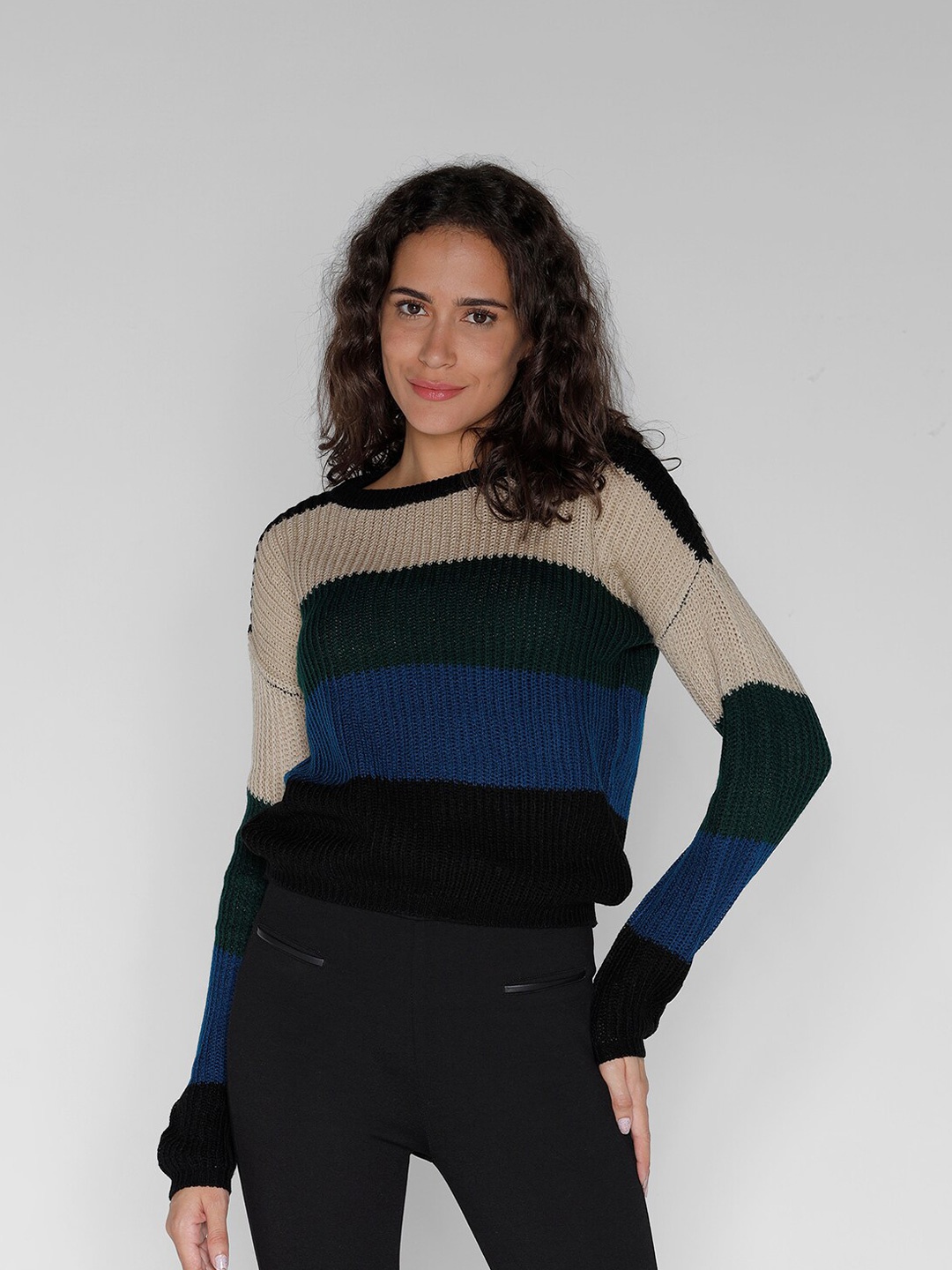 

IDENTITI Colourblocked Round Neck Long Sleeves Pure Cotton Pullover Sweater, Beige
