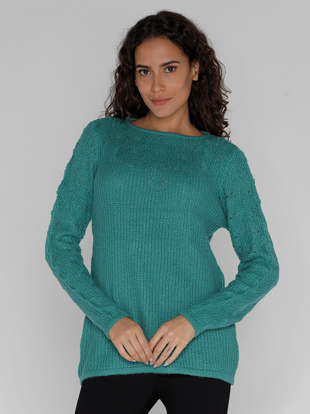 

IDENTITI Self Design Round Neck Long Sleeves Pure Cotton Pullover Sweater, Green