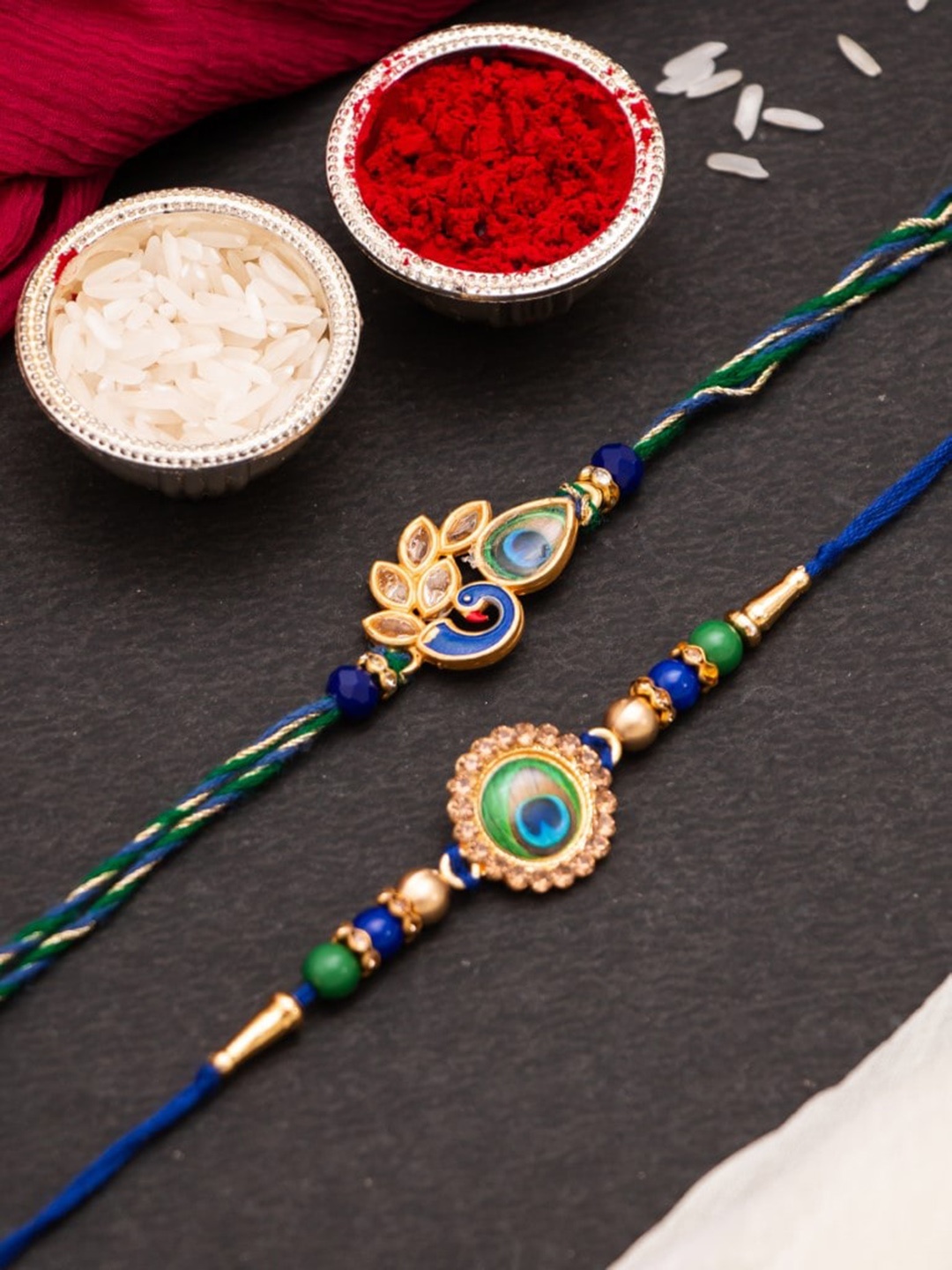 

CraftVatika Set Of 2 Peacock & Mor Pankh Rakhi With Roli & RIce, Blue