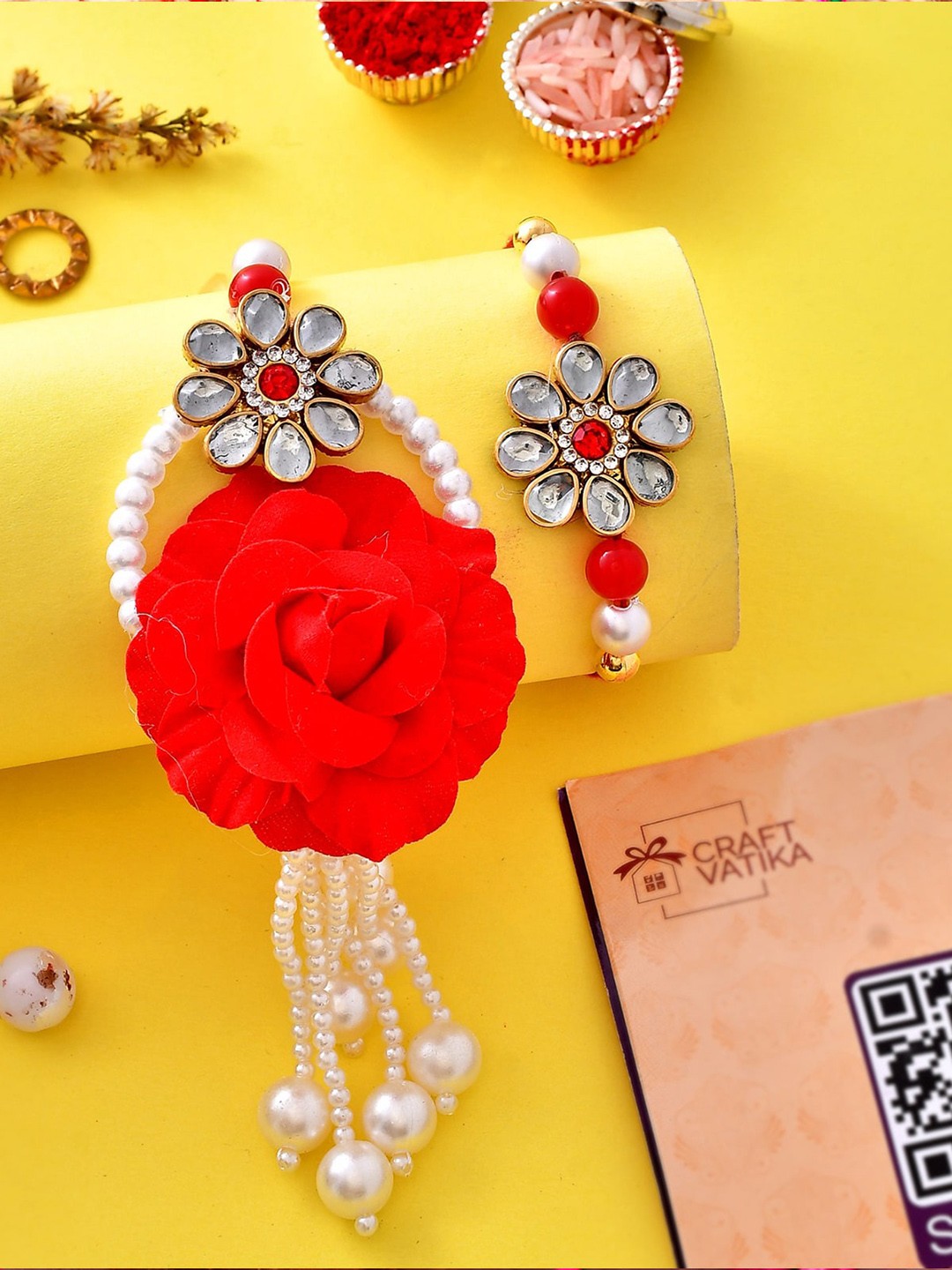 

CraftVatika Set Of 2 Floral Rakhi With Roli & RIce, Red