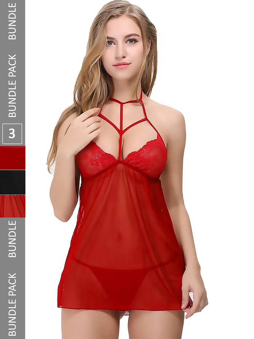 

AROUSY Pack of 3 Self Design Halter Neck Net Baby Doll, Red