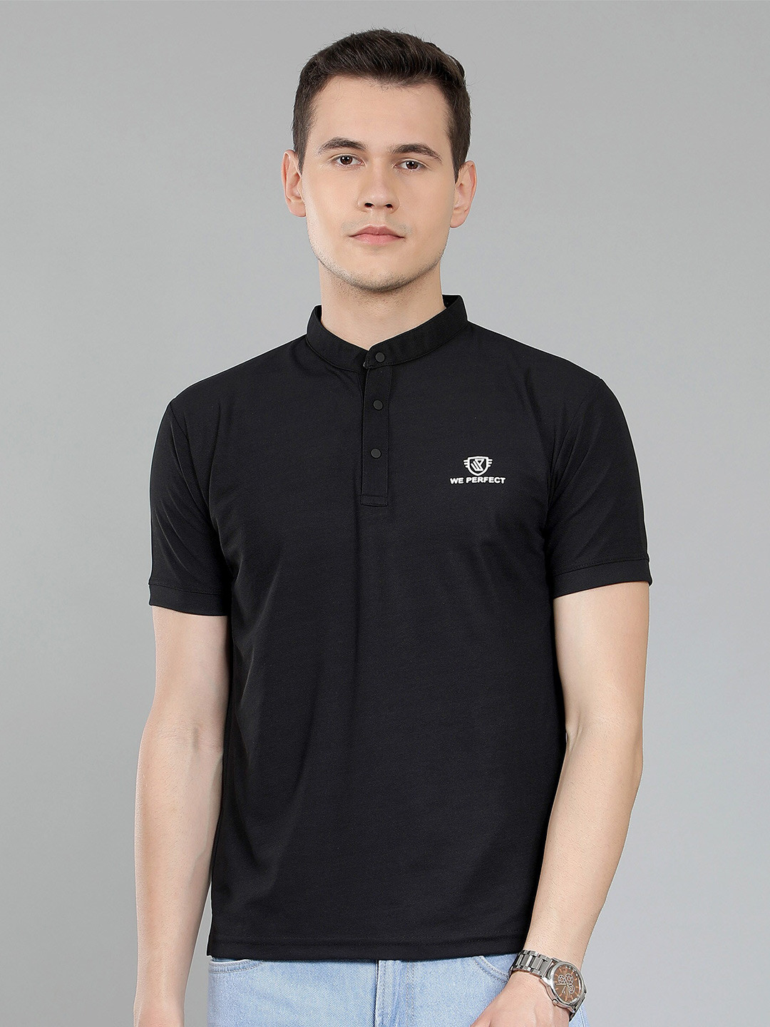 

WE PERFECT Mandarin Collar Dri Fit Casual T-shirt, Black