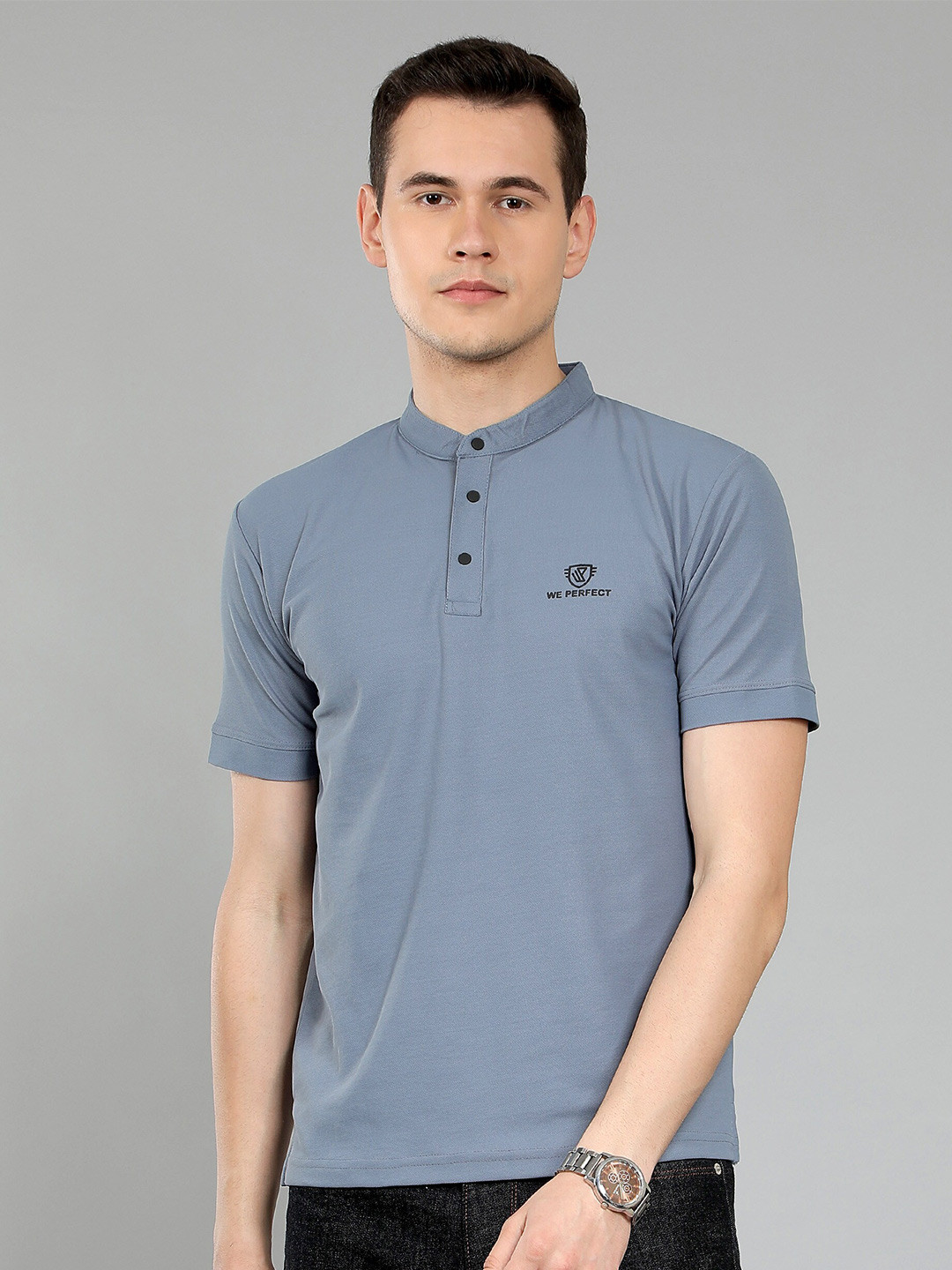 

WE PERFECT Mandarin Collar Dry Fit Casual T-shirt, Grey
