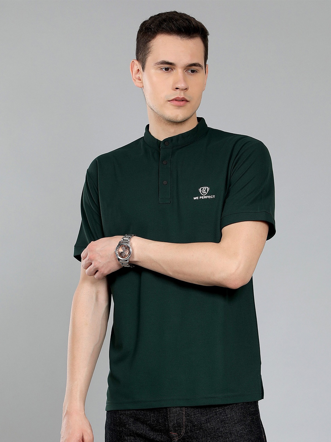 

WE PERFECT Mandarin Collar Dry Fit Casual T-shirt, Green