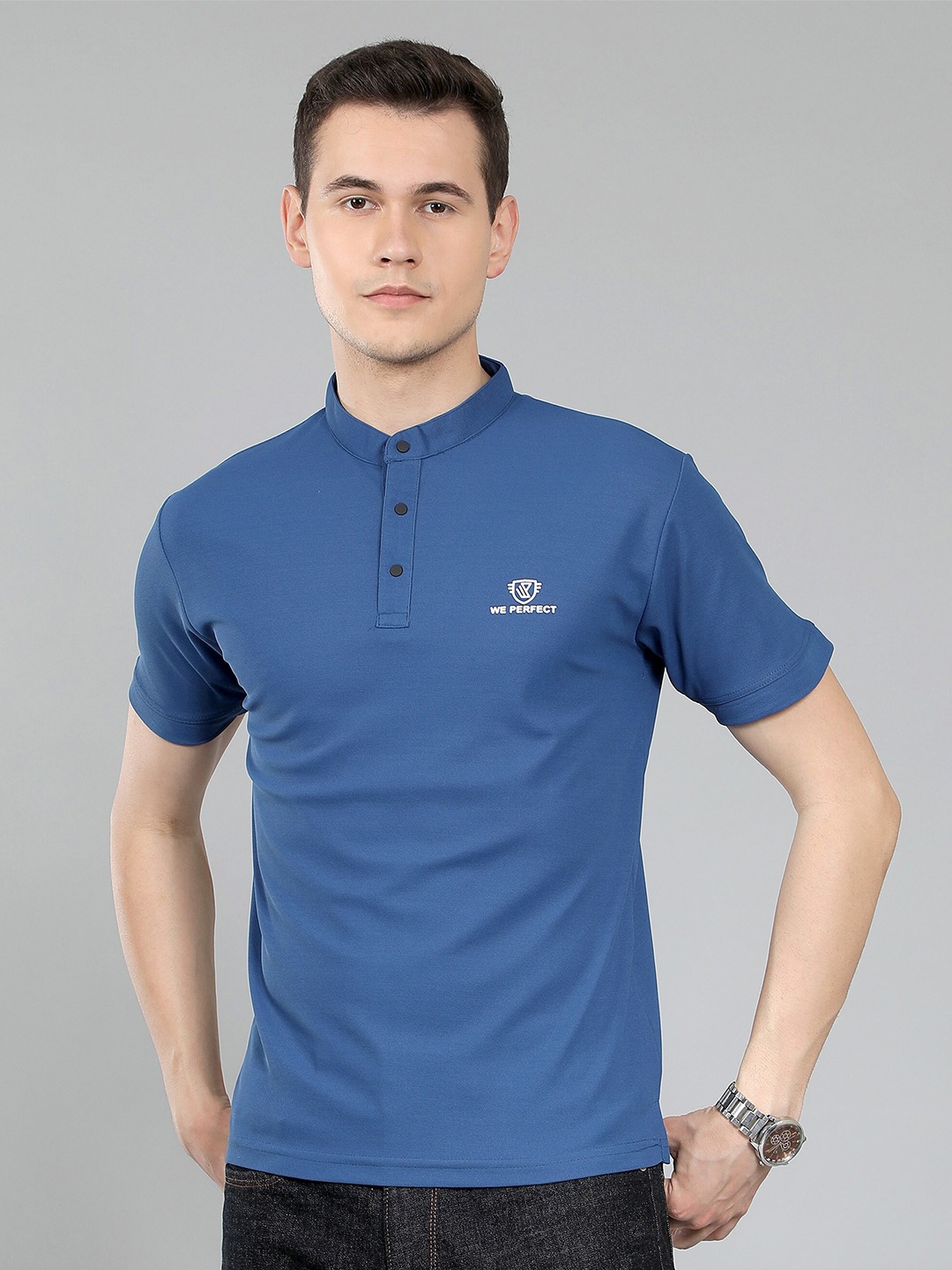 

WE PERFECT Mandarin Collar Dri Fit Casual T-shirt, Navy blue