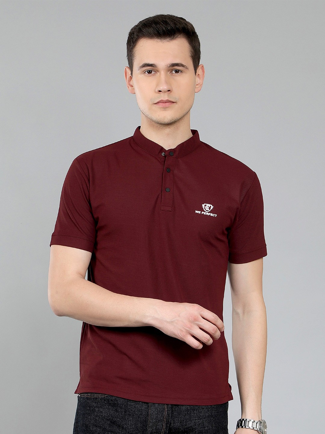 

WE PERFECT Mandarin Collar Dri Fit Casual T-shirt, Maroon
