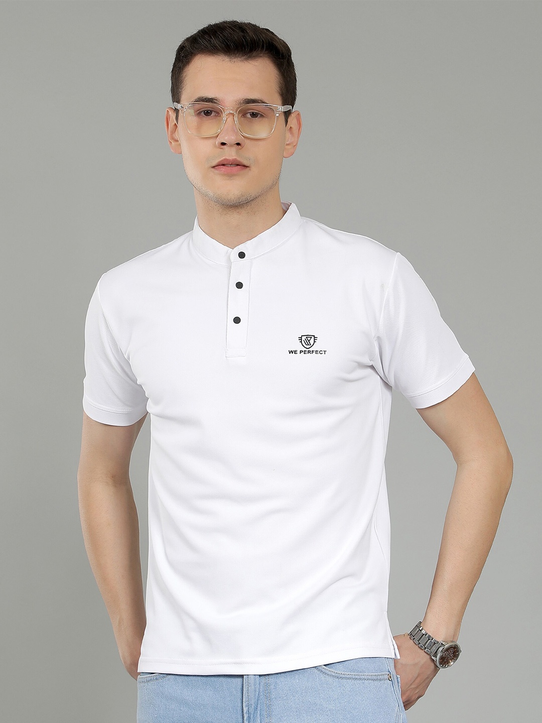 

WE PERFECT Mandarin Collar Dri Fit Casual T-shirt, White