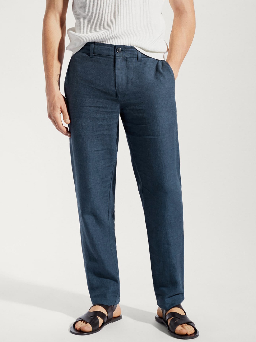 

MANGO MAN Slim Fit Linen Trousers, Navy blue