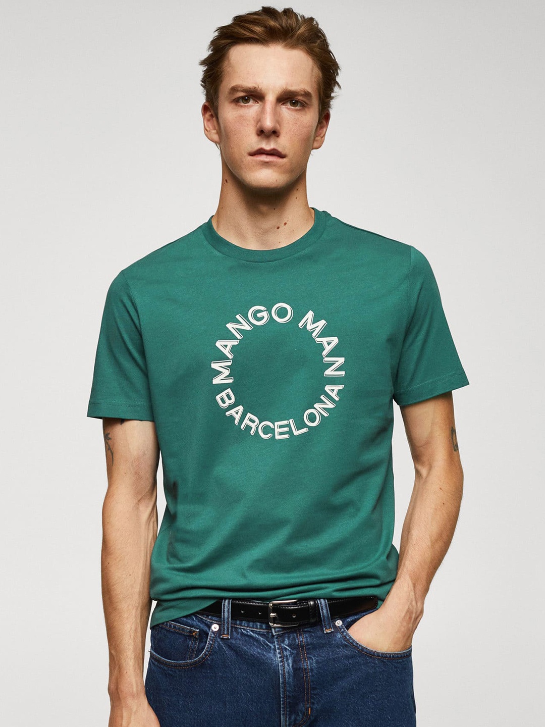 

MANGO MAN Pure Cotton Brand Logo Printed Regular Fit T-shirt, Green
