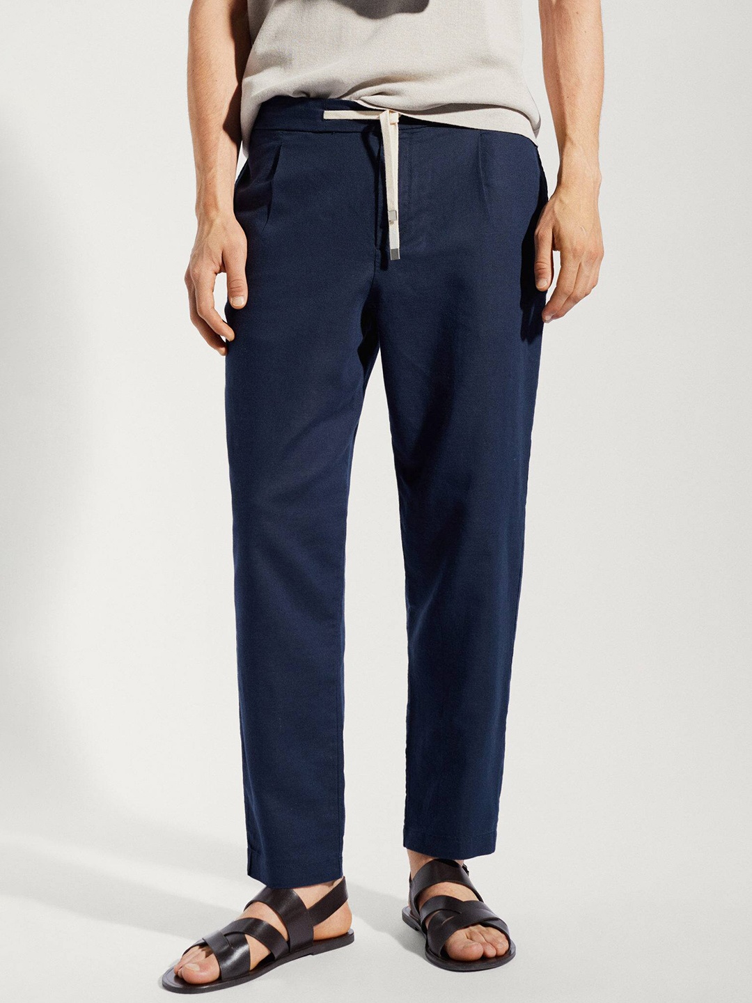 

MANGO MAN Slim Fit Cotton Linen Trousers, Navy blue