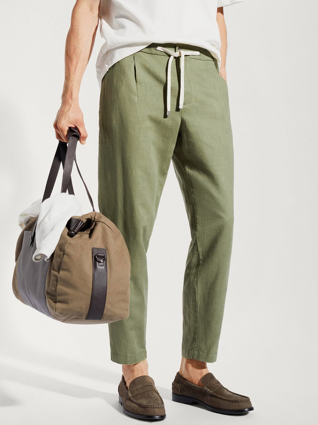 

MANGO MAN Slim Fit Cotton Linen Trousers, Olive