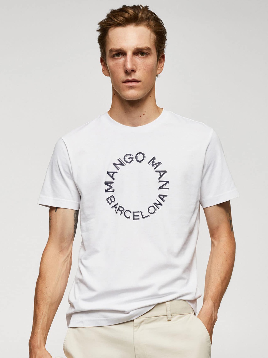 

MANGO MAN Pure Cotton Brand Logo Printed Regular Fit T-shirt, White