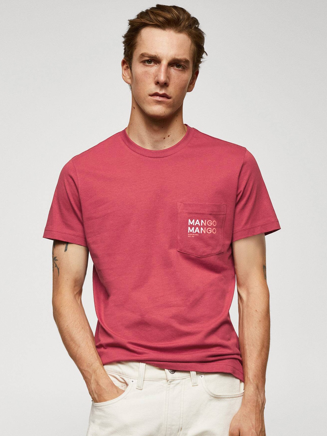 

MANGO MAN Pocket Detail Pure Cotton Regular Fit T-shirt, Maroon