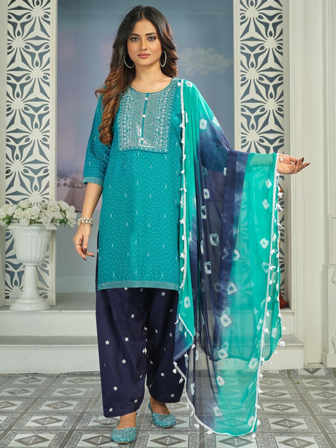 

KALINI Ethnic Motifs Printed Sequined Indigo Straight Kurta & Patiala With Dupatta, Green