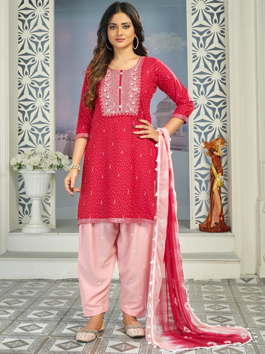 

KALINI Ethnic Motifs Printed Sequined Straight Kurta & Patiala With Dupatta, Red
