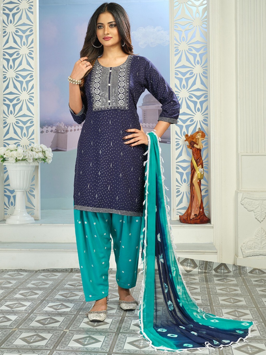 

KALINI Ethnic Motifs Printed Sequined Straight Kurta & Patiala With Dupatta, Navy blue