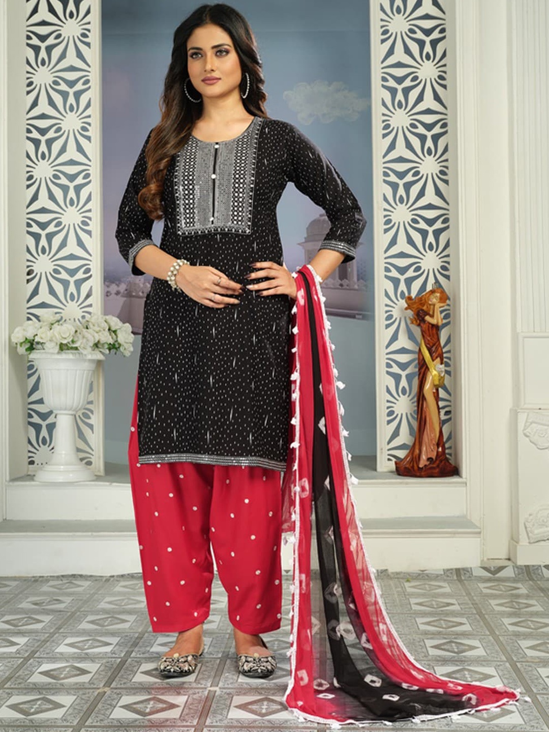 

KALINI Ethnic Motifs Printed Sequined Straight Kurta & Patiala With Dupatta, Black