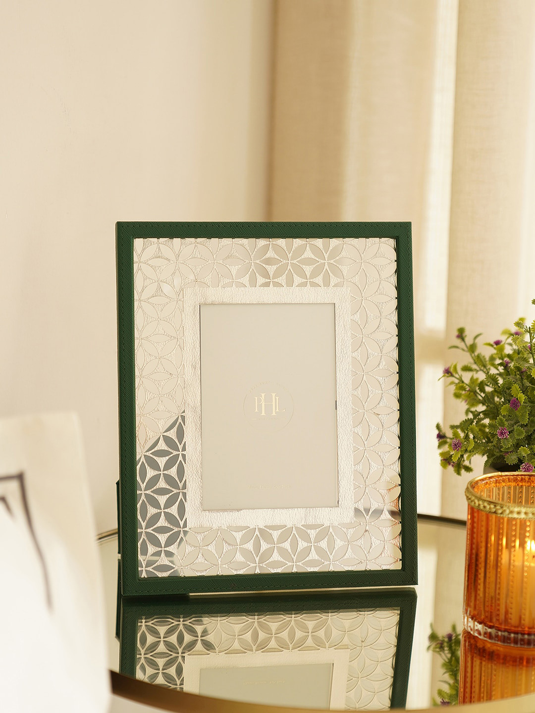 

Pure Home and Living Beige Self Design Floral Lazer Cut Photo Frame, Green