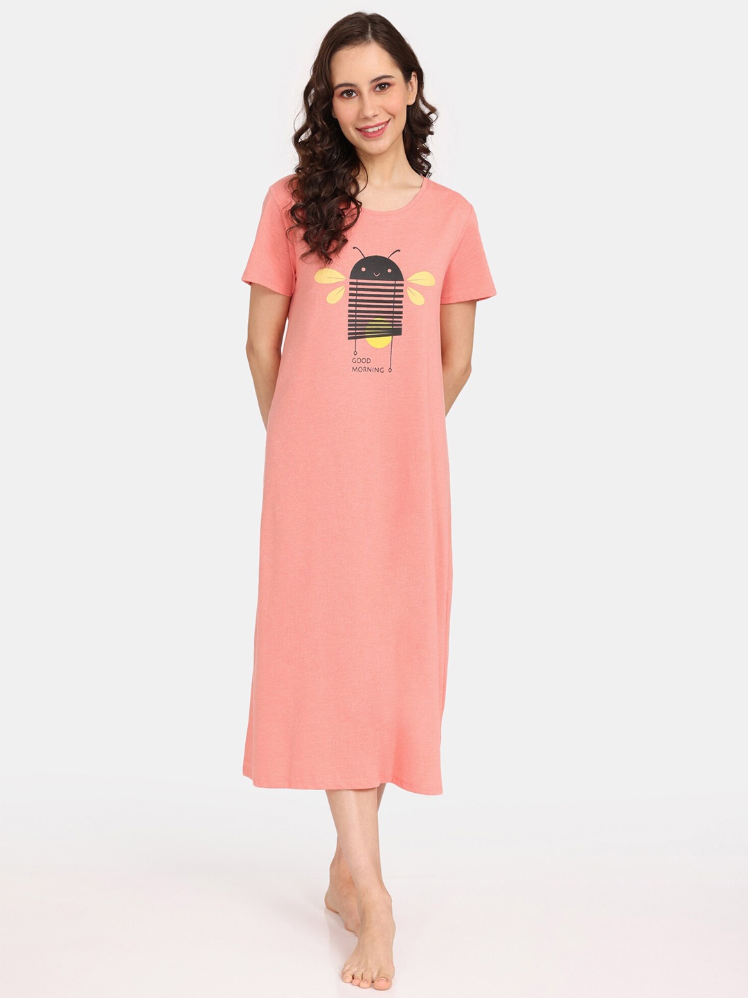 

Rosaline by Zivame Graphic Printed Pure Cotton T-shirt Nightdress, Peach