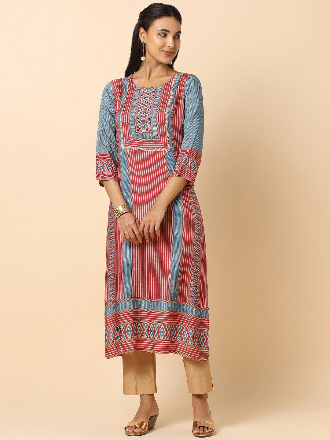 

House Of Dharaa Striped Round Neck Straight Kurta, Red