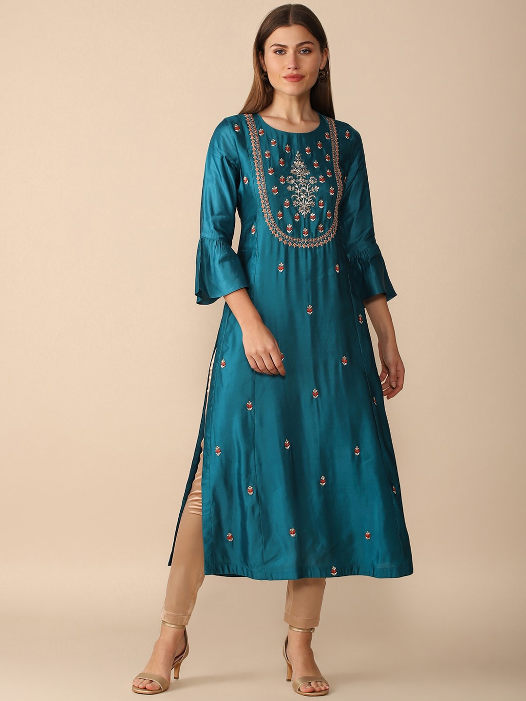 

House Of Dharaa Floral Embroidered Thread Work Pure Silk Straight Kurta, Blue