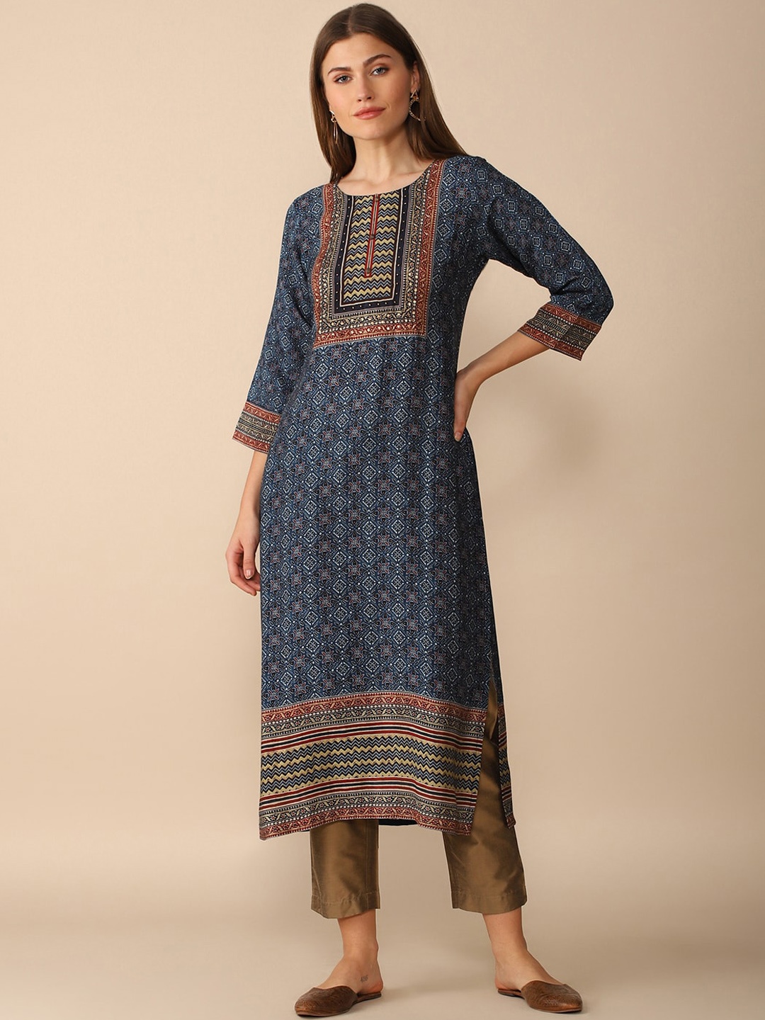 

House Of Dharaa Ethnic Motifs Printed Cotton Silk Straight Kurta, Navy blue